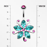 Glistening Lily Blossome Flower Belly Button Ring-Fuchsia/Teal
