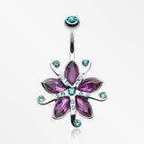 Glistening Lily Blossome Flower Belly Button Ring-Teal/Purple