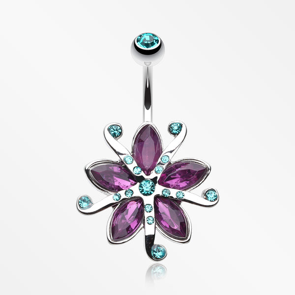 Glistening Lily Blossome Flower Belly Button Ring-Teal/Purple