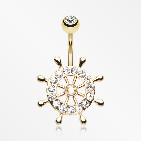 Golden Sparkle Anchor Wheel Belly Button Ring-Clear
