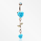 Rose Gold Bright Metal Rose Belly Button Ring-Aqua