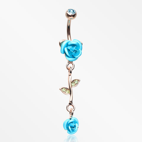 Rose Gold Bright Metal Rose Belly Button Ring-Aqua