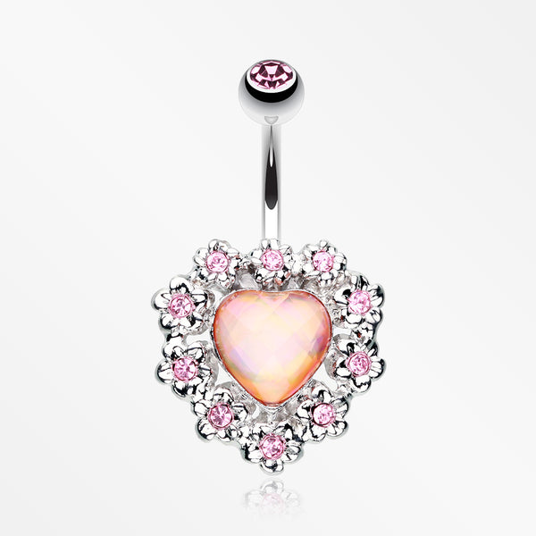 Sparkle Heart Flower Belly Button Ring-Pink