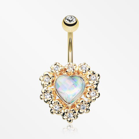 Golden Sparkle Heart Flower Belly Button Ring-Clear