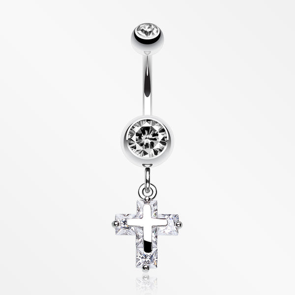 Dainty Cross Sparkle Belly Button Ring-Clear