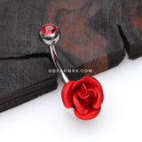 Bright Metal Rose Blossom Belly Button Ring-Red