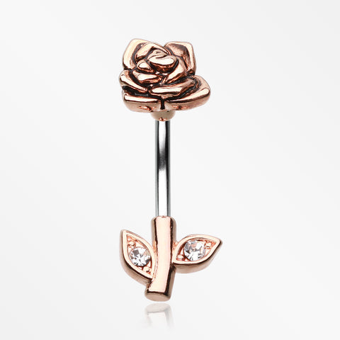 Rose Gold Full Blossom Rose Belly Button Ring-Clear