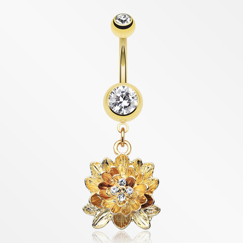 Golden Divine Lotus Belly Button Ring -Clear