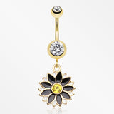 Golden Daisy Blossom Flower Belly Button Ring-Clear/Black