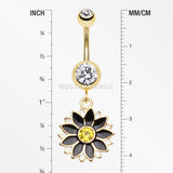 Golden Daisy Blossom Flower Belly Button Ring-Clear/Black