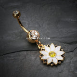 Golden Daisy Blossom Flower Belly Button Ring-Clear/White
