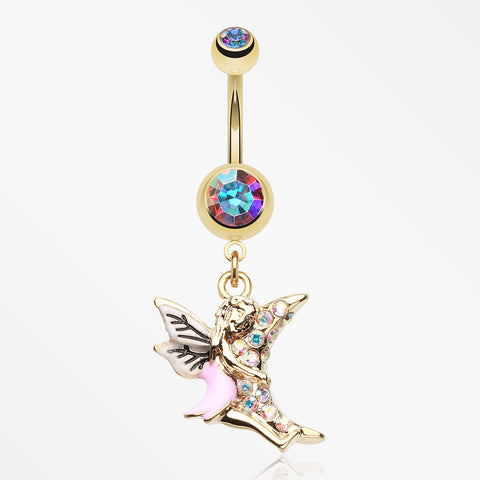 Golden Moon Hugging Fairy Belly Button Ring-Aurora Borealis