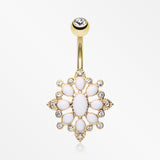 Golden Roesia Ornate Multi-Gem Belly Button Ring-Clear/White