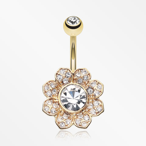 Golden Avens Flower Sparkle Belly Button Ring-Clear