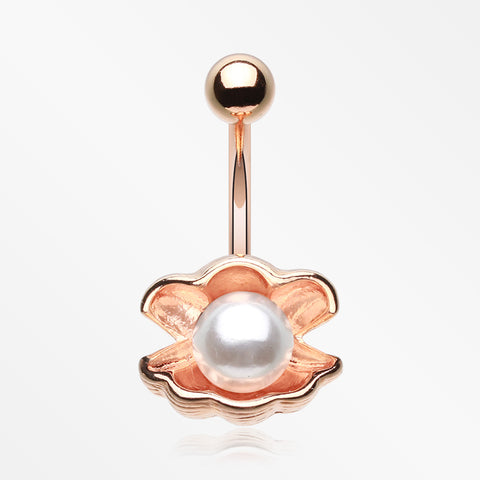 Rose Gold Ariel's Shell with Pearl Belly Button Ring-White