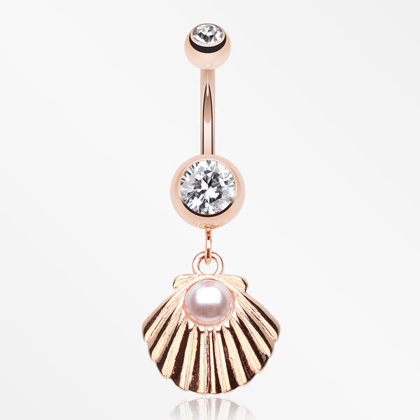 Rose Gold Ariel's Shell Dangle Belly Button Ring-Clear