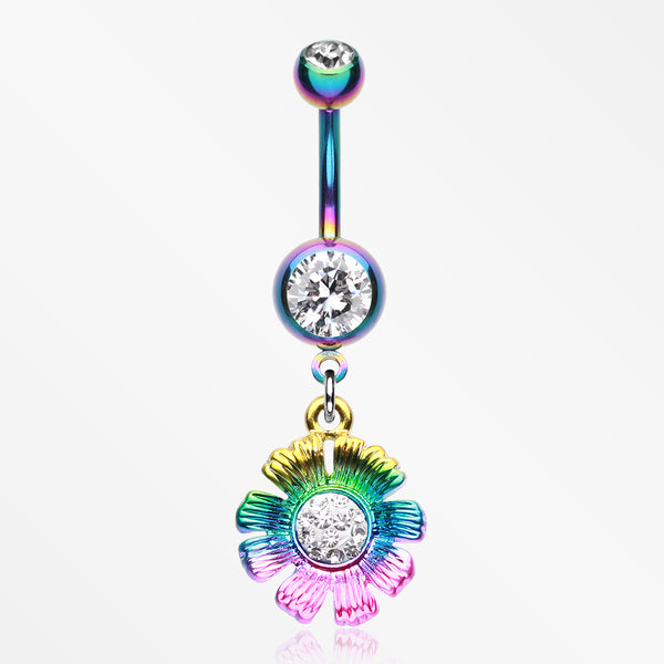 Colorline Rainbow Sparkle Flower Belly Button Ring-Rainbow/Clear