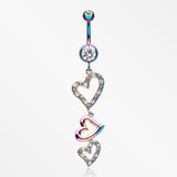Colorline Triple Hearts Sparkle Belly Button Ring-Rainbow/Clear