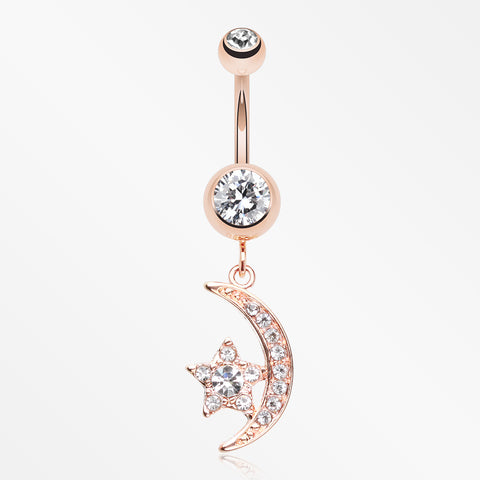 Rose Gold Shining Star & Moon Belly Button Ring-Clear