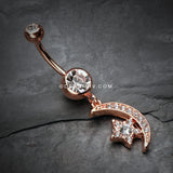 Rose Gold Shining Star & Moon Belly Button Ring-Clear