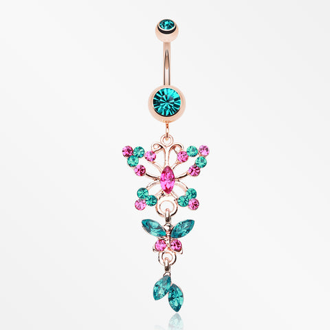 Rose Gold Glam Butterfly Fall Fancy Belly Ring-Teal