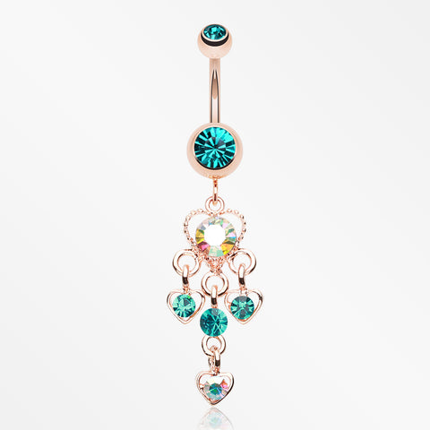 Rose Gold Sparkle Multi Heart Belly Button Ring-Teal