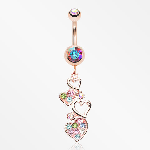 Rose Gold Sparkling Heart Cluster Belly Button Ring-Aurora Borealis