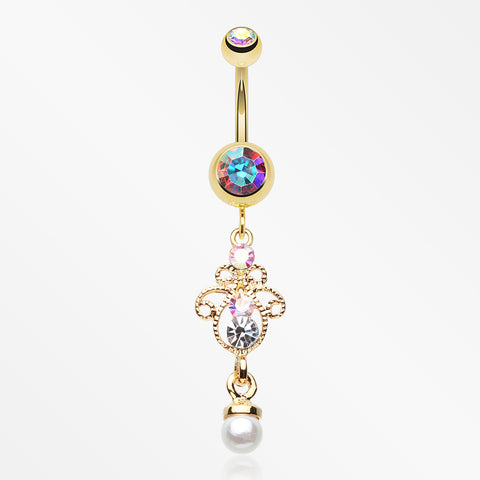 Golden Elegant Jeweled Pearl Dangle Belly Button Ring-Aurora Borealis