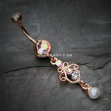 Rose Gold Elegant Jeweled Pearl Dangle Belly Button Ring-Aurora Borealis
