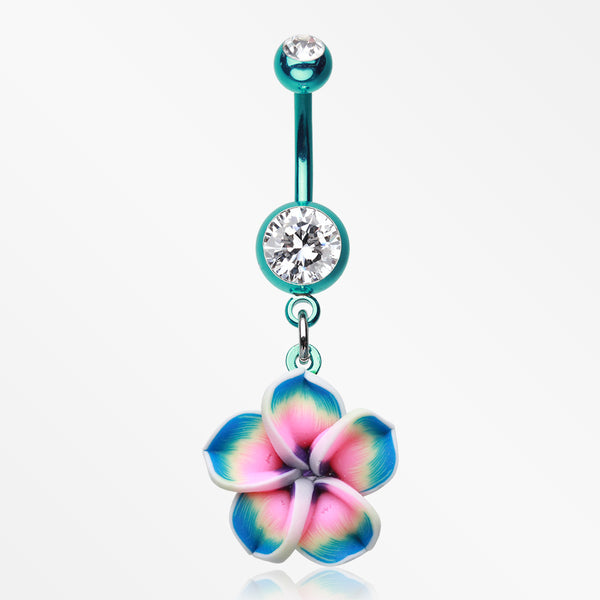 Colorline Hawaiian Plumeria Flower Belly Button Ring-Teal/Clear