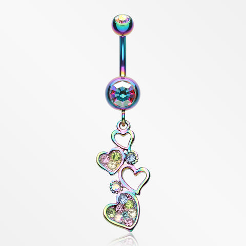 Rainbow Sparkling Heart Cluster Belly Button Ring-Rainbow/Aurora Borealis