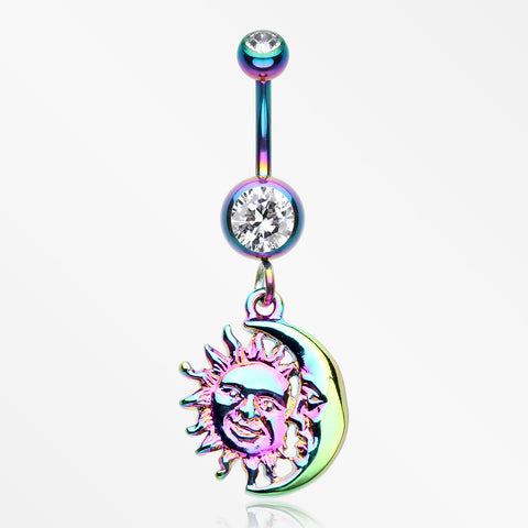 Rainbow Sun & Moon Union of Opposites Belly Button Ring-Clear Gem