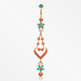 Golden Coral Flora Heart Belly Button Ring-Teal