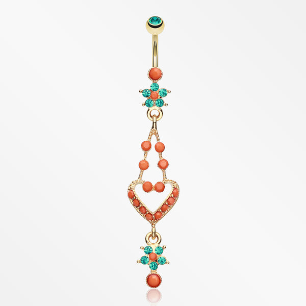 Golden Coral Flora Heart Belly Button Ring-Teal