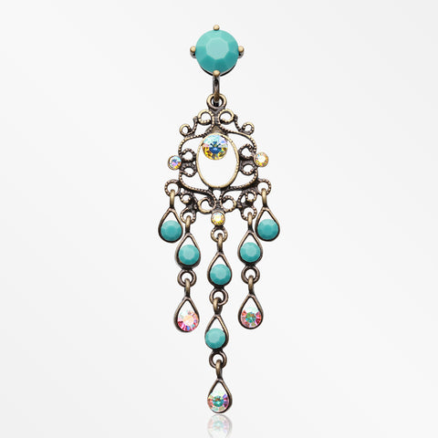 Vintage Boho Chandelier Reverse Belly Button Ring-Brass/Aurora Borealis/Turquoise