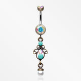 Vintage Boho Elegant Jeweled Pearl Belly Button Ring-Brass/Aurora Borealis/Turquoise