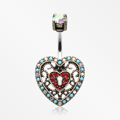 Vintage Boho Filigree Heart Lock Belly Button Ring-Brass/Aurora Borealis/Red