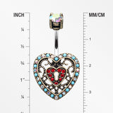 Vintage Boho Filigree Heart Lock Belly Button Ring-Brass/Aurora Borealis/Red
