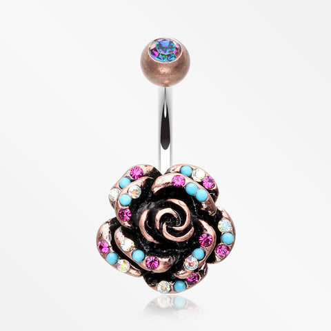 Vintage Boho Gleam Rose Belly Button Ring-Copper/Aurora Borealis/Fuchsia