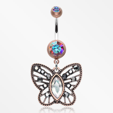 Vintage Boho Butterfly Fliligree Belly Button Ring-Copper/Aurora Borealis/Hematite