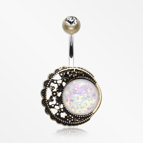 Vintage Boho Filigree Moon Opal Belly Button Ring-Brass/Clear/White