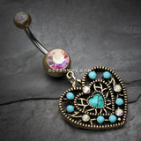Vintage Boho Filigree Turquoise Heart Belly Button Ring-Brass/Aurora Borealis/Turquoise