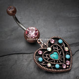 Vintage Boho Filigree Turquoise Heart Belly Button Ring-Copper/Pink/Turquoise