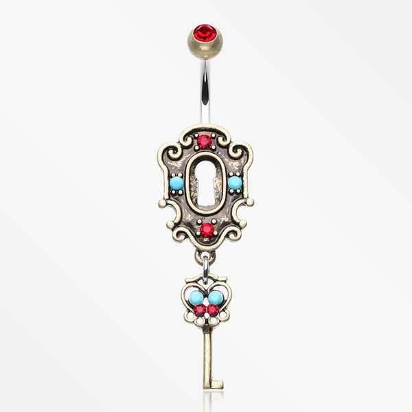 Vintage Boho Victorian Lock and Key Belly Button Ring-Brass/Red/Turquoise