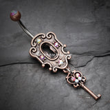 Vintage Boho Victorian Lock and Key Belly Button Ring-Copper/Pink/Aurora Borealis