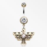 Vintage Boho Aztec Thunderbird Mural Belly Button Ring-Brass/Clear/White
