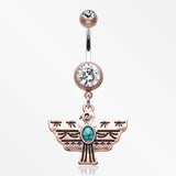 Vintage Boho Aztec Thunderbird Mural Belly Button Ring-Copper/Clear/Turquoise