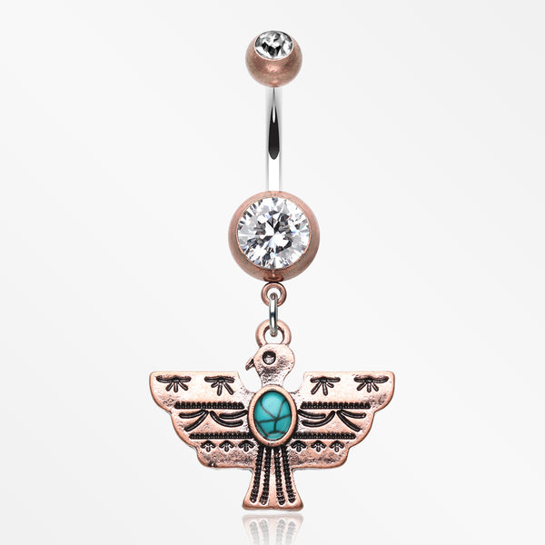 Vintage Boho Aztec Thunderbird Mural Belly Button Ring-Copper/Clear/Turquoise