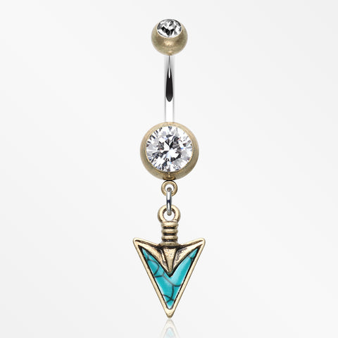 Vintage Boho Stone Spear Belly Button Ring-Brass/Clear/Turquoise