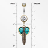 Vintage Boho Peace Heart with Feather Belly Button Ring-Brass/Clear/Turquoise